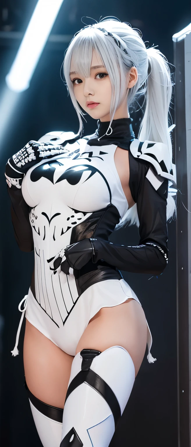 Tall cute idol knight girl、whole body、Good style、、、、、、、、、、Tanned thick legs、、Skull Armor Suit(Skeleton Embroidery、Silver white and black)、、Neat and clean idol face、White Hair、Boneyard