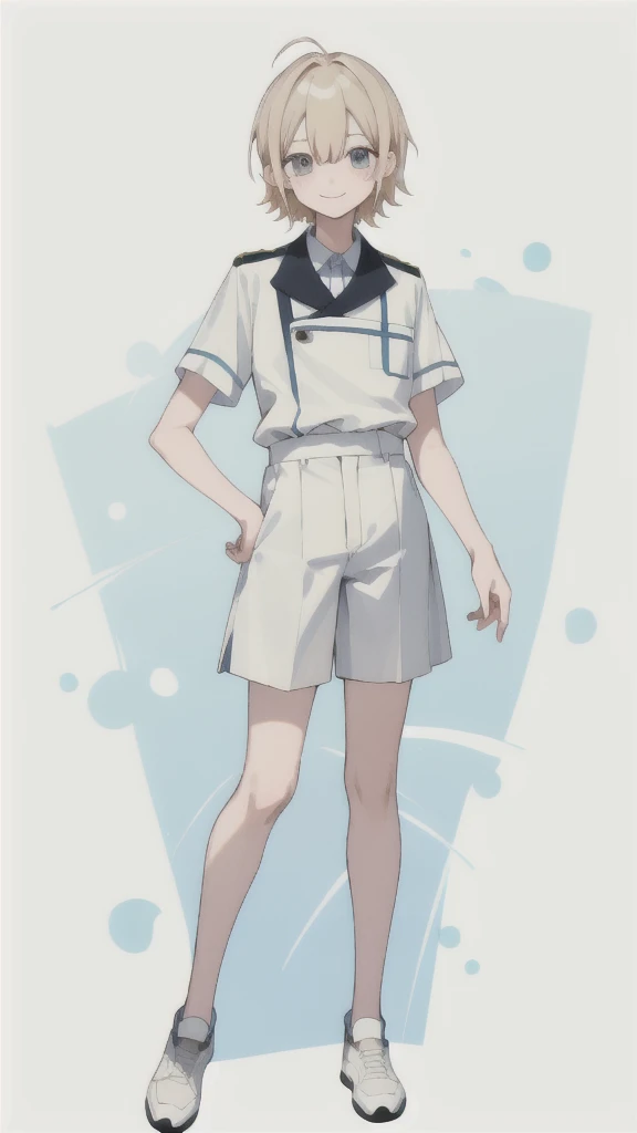Short, unkempt hair、Short blonde、A bright and kind smile。Wearing a short-sleeved uniform、Summer clothes、male、(White background.Full Color.The eyes are clear、Are standing。18 years old、male）