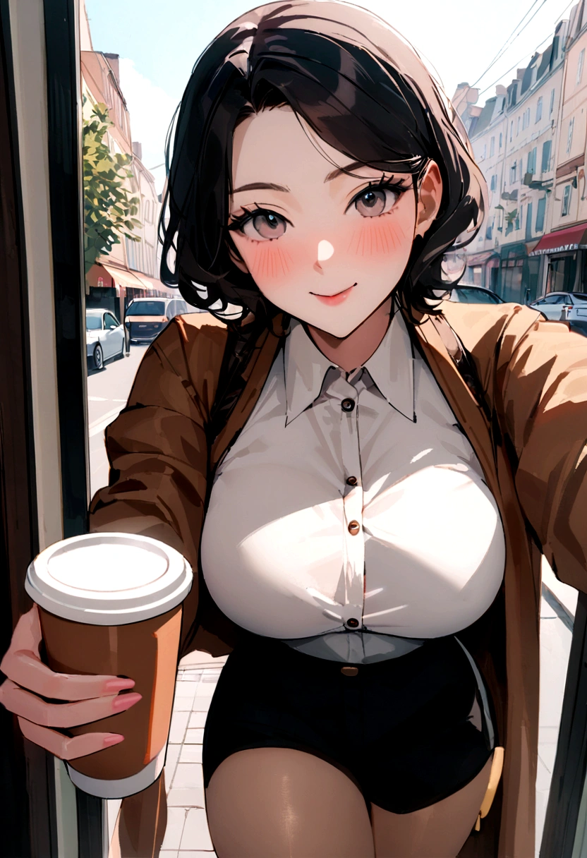 photoréaliste, meilleure qualité, hyper détaillé, belle femme aux cheveux blonds naturels, Selfie photo, Haut du corps, seulement, porter des vêtements décontractés, dedans, (matin), Café, tasse à café, (détendu), grain de peau avec des gros seins rebondis de 85D visibles sous les vêtements, grain du film, gros plan, ultra haute résolution, meilleure ombre, .brut, instagram LUT repas healty