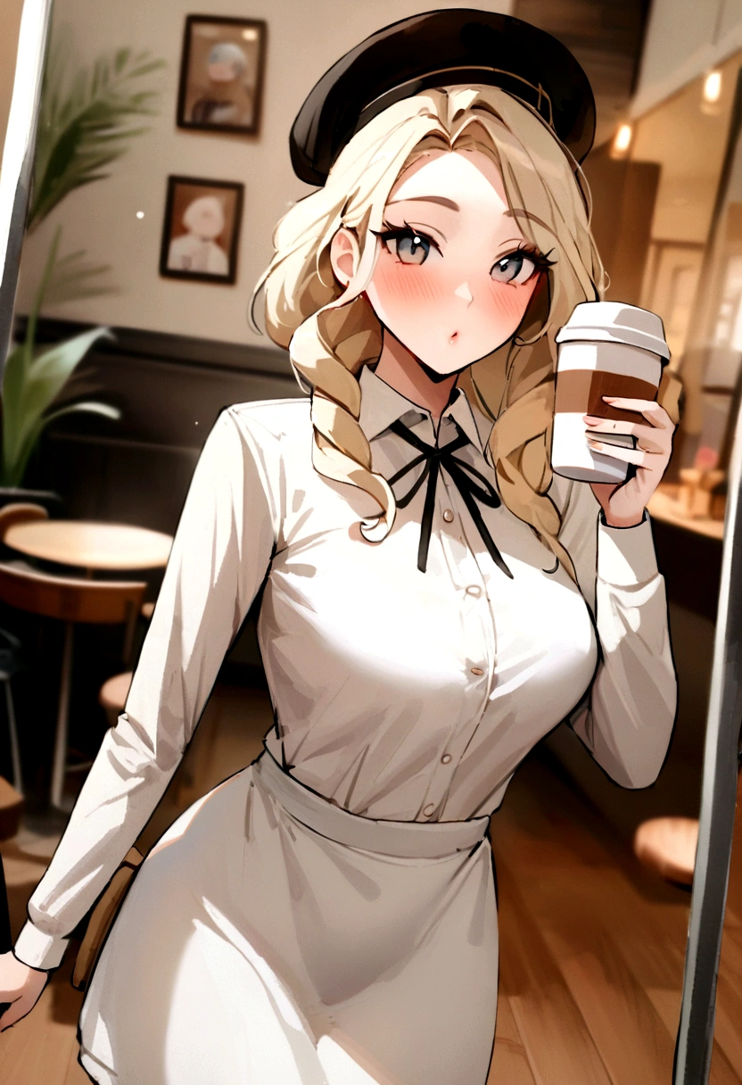 photoréaliste, meilleure qualité, hyper détaillé, belle femme aux cheveux blonds naturels, Selfie photo, Haut du corps, seulement, porter des vêtements décontractés, dedans, (matin), Café, tasse à café, (détendu), grain de peau avec des gros seins rebondis de 85D visibles sous les vêtements, grain du film, gros plan, ultra haute résolution, meilleure ombre, .brut, instagram LUT repas healty