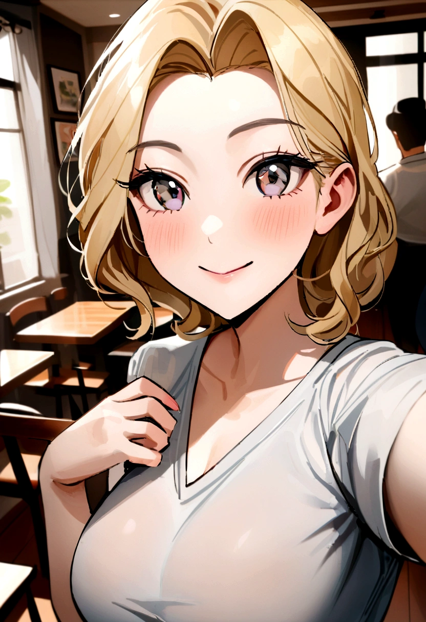 photoréaliste, meilleure qualité, hyper détaillé, belle femme aux cheveux blonds naturels, Selfie photo, Haut du corps, seulement, porter des vêtements décontractés, dedans, (matin), Café, tasse à café, (détendu), grain de peau avec des gros seins rebondis de 85D visibles sous les vêtements, grain du film, gros plan, ultra haute résolution, meilleure ombre, .brut, instagram LUT repas healty