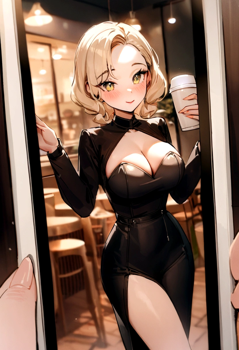 photoréaliste, meilleure qualité, hyper détaillé, belle femme aux cheveux blonds naturels, Selfie photo, Haut du corps, seulement, porter des vêtements décontractés, dedans, (matin), Café, tasse à café, (détendu), grain de peau avec des gros seins rebondis de 85D visibles sous les vêtements, grain du film, gros plan, ultra haute résolution, meilleure ombre, .brut, instagram LUT repas healty
