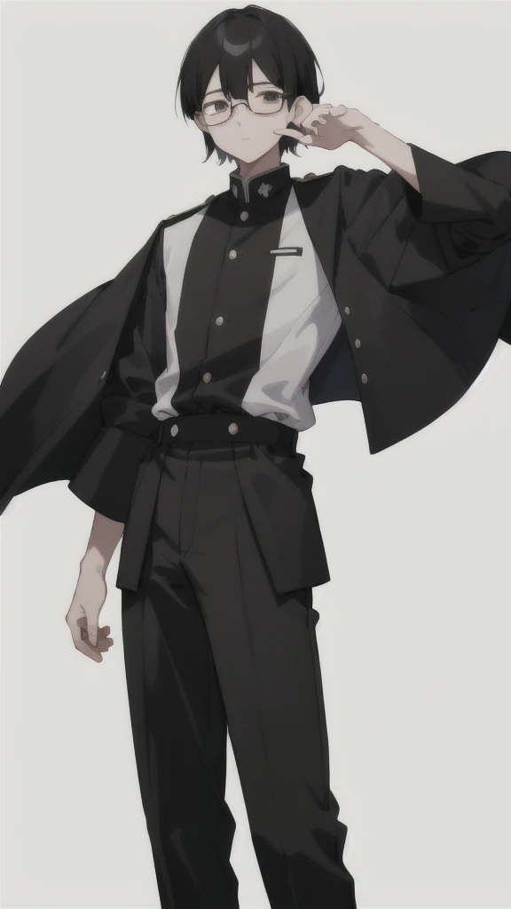 Tall、Black Hair、Short, trimmed hair。He wears glasses.、Always has a calm expression。Wearing a short-sleeved uniform、male、(White background.Full Color.The eyes are clear、Are standing。18 years old、