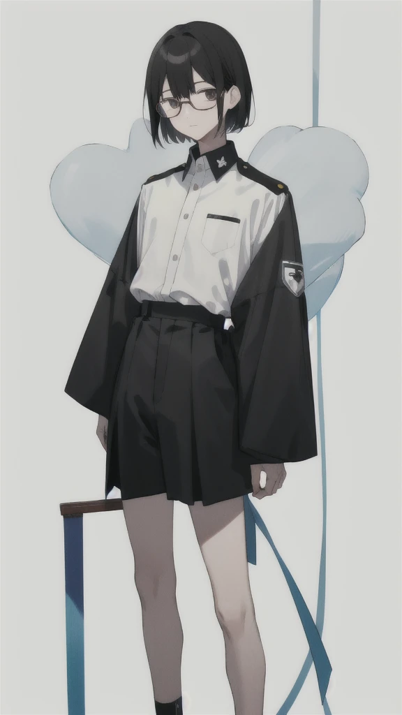 Tall、Black Hair、Short, trimmed hair。He wears glasses.、Always has a calm expression。Wearing a short-sleeved uniform、male、(White background.Full Color.The eyes are clear、Are standing。18 years old、