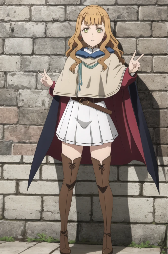 ((best quality)),((highly detailed)),masterpiece,absurdres,detailed face,beautiful face,(detailed eyes, deep eyes),1girl((dynamic pose)),  Mimosa, thighhighs, thigh boots, long hair, boots, orange hair, green eyes,  cape, solo, wavy hair, standing, blunt bangs, bangs, belt, zettai ryouiki, closed mouth, wall, cloak, brick wall, long sleeves, jewelry, capelet