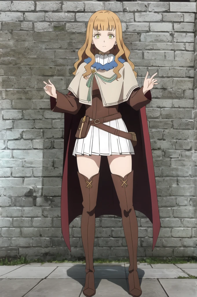 ((best quality)),((highly detailed)),masterpiece,absurdres,detailed face,beautiful face,(detailed eyes, deep eyes),1girl((dynamic pose)),  Mimosa, thighhighs, thigh boots, long hair, boots, orange hair, green eyes,  cape, solo, wavy hair, standing, blunt bangs, bangs, belt, zettai ryouiki, closed mouth, wall, cloak, brick wall, long sleeves, jewelry, capelet