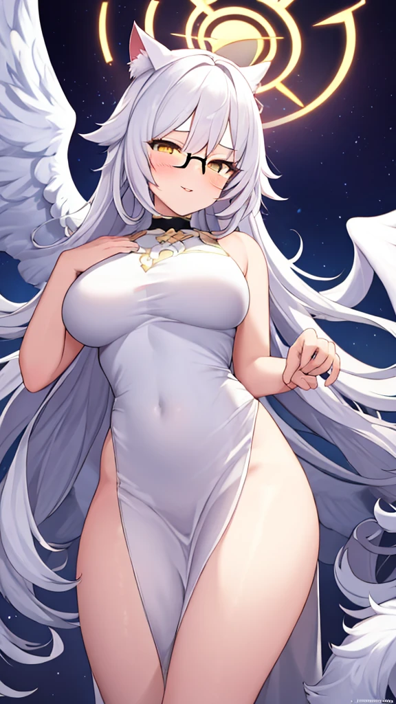A 20-year-old female angel with long, white hair, yellow eyes, white cat ears, and large white angel wings. yellow halo ring round white glasses Sexy white, leg length evening dress. Stand and look down, hand touching lips.