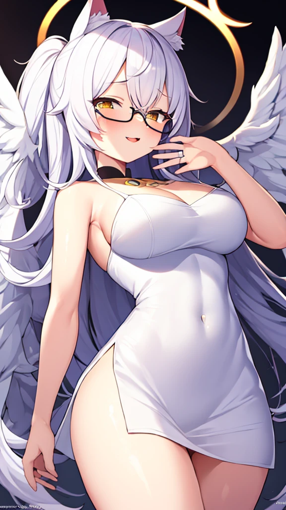 A 20-year-old female angel with long, white hair, yellow eyes, white cat ears, and large white angel wings. yellow halo ring round white glasses ???? white, leg length evening dress. Stand and look down, hand touching lips.