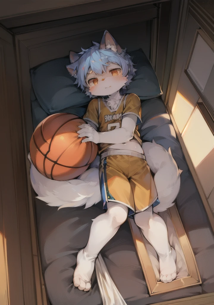 tmasterpiece,high qulity,Ridiculous resolution,digitial painting\(artwork of a\),dagasi,yupa,kiyosan,(Fluffy fur:1.1),(luminance:0.8),anthro male cat。 (orange eyes,Gray-blue fur,Full Body Furry,Cat nose:1.2),eyes with brightness,in a panoramic view,Character focus。detailedbackground,(Yellow basketball jersey,perspire,dribbble,Playing the Basketball:1.2),(inside in room,basketball playground: 1.2)White socks