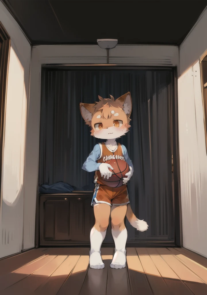 tmasterpiece,high qulity,Ridiculous resolution,digitial painting\(artwork of a\),dagasi,yupa,kiyosan,(Fluffy fur:1.1),(luminance:0.8),anthro male cat。 (orange eyes,Gray-blue fur,Full Body Furry,Cat nose:1.2),eyes with brightness,in a panoramic view,Character focus。detailedbackground,(Yellow basketball jersey,perspire,dribbble,Playing the Basketball:1.2),(inside in room,basketball playground: 1.2)White socks