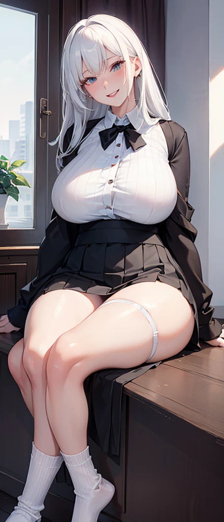 ( Beatiful  white socks ) , black skirt , white  ,  ,  ,  , tall legs , smile , (  ) , HD , detailed eyes , white hair , sitting , extra ,  smile , perfrct body , camera angle from up , (  ) , ( girl extra close to viewer )