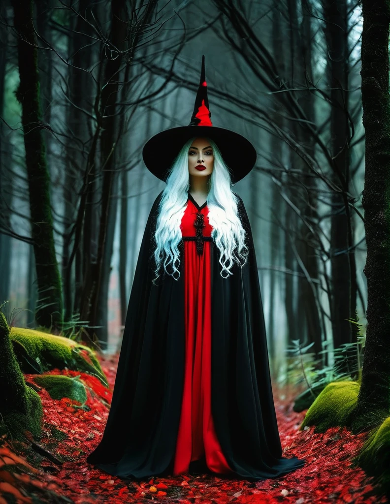 Witch with a black robe and colorful details. Her hair is white and red. 
She stands in a dark forest 