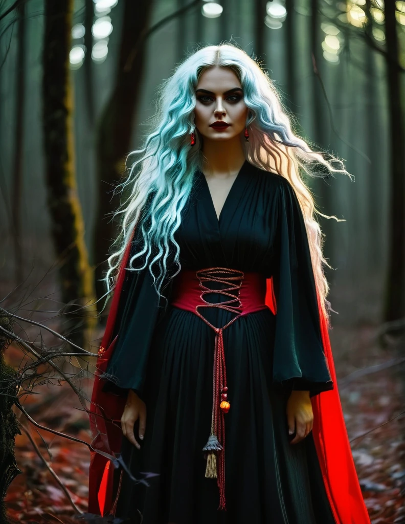 Witch with a black robe and colorful details. Her hair is white and red. 
She stands in a dark forest 