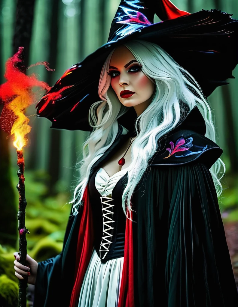 Witch with a black robe and colorful details. Her hair is white and red. 
She stands in a dark forest 
