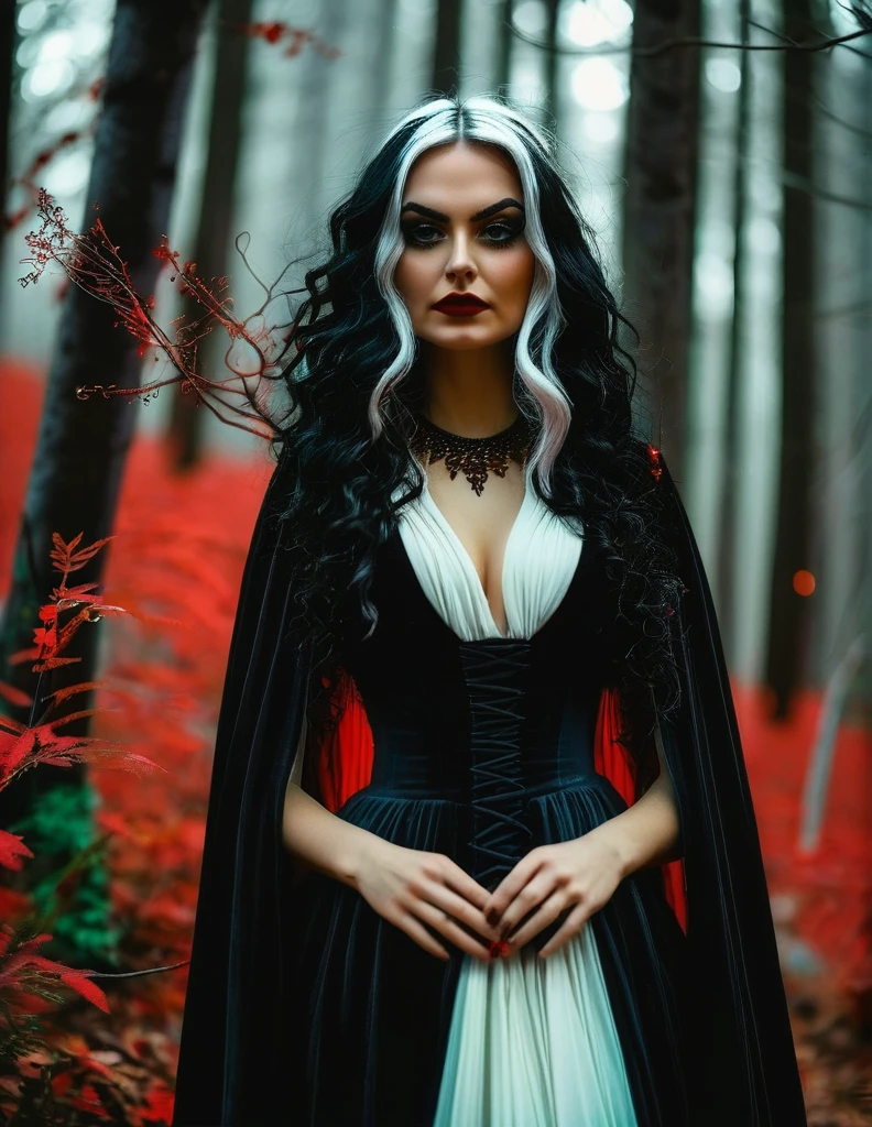 Witch with a black robe and colorful details. Her hair is white and red.
She stands in a dark forest