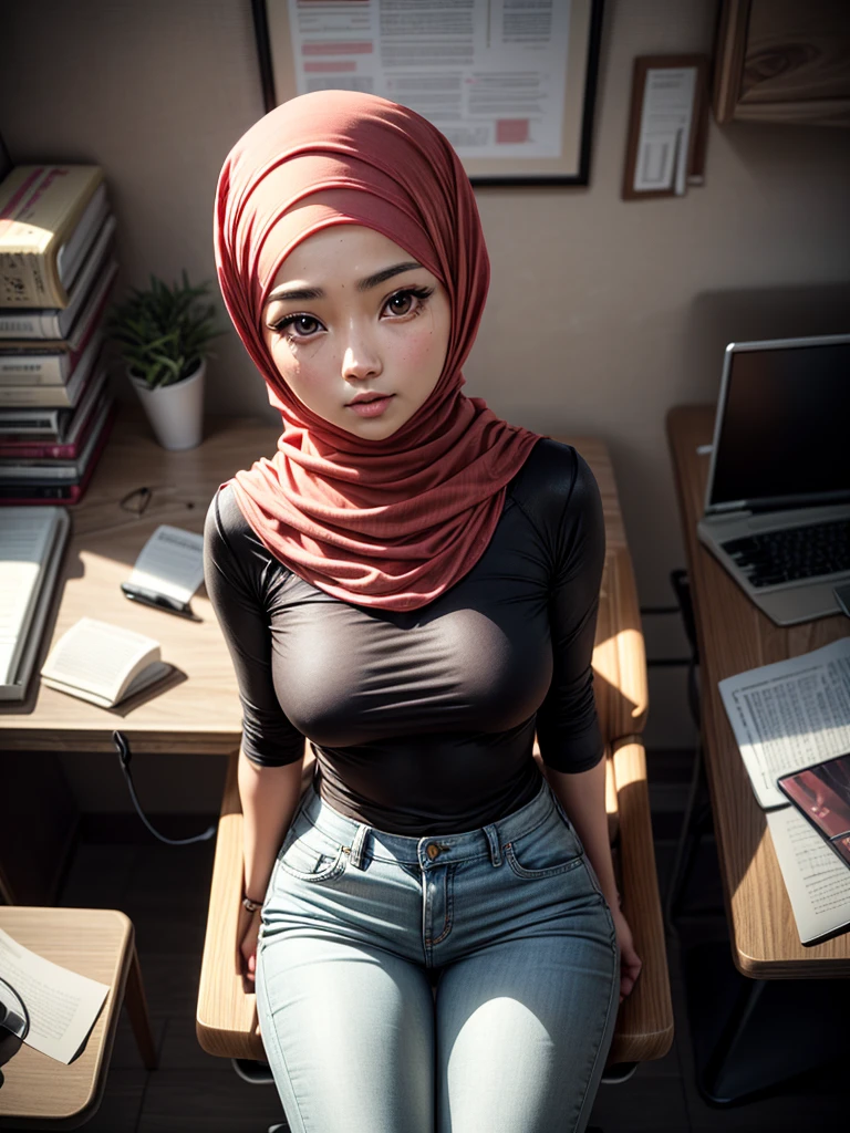 (1 girl), sitting on a chair in an office, ((wearing hijab, wearing shirt, wearing long pants)), shot from above