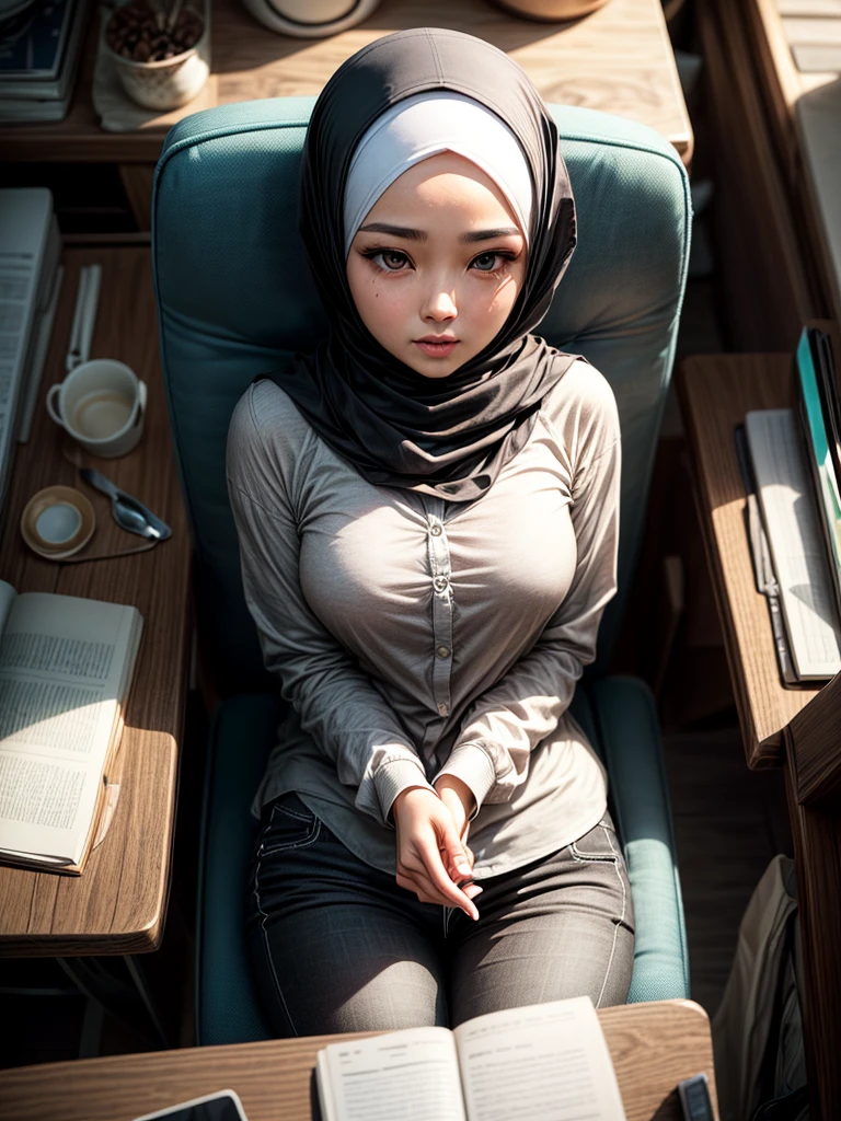 (1 girl), sitting on a chair in an office, ((wearing hijab, wearing shirt, wearing long pants)), shot from above