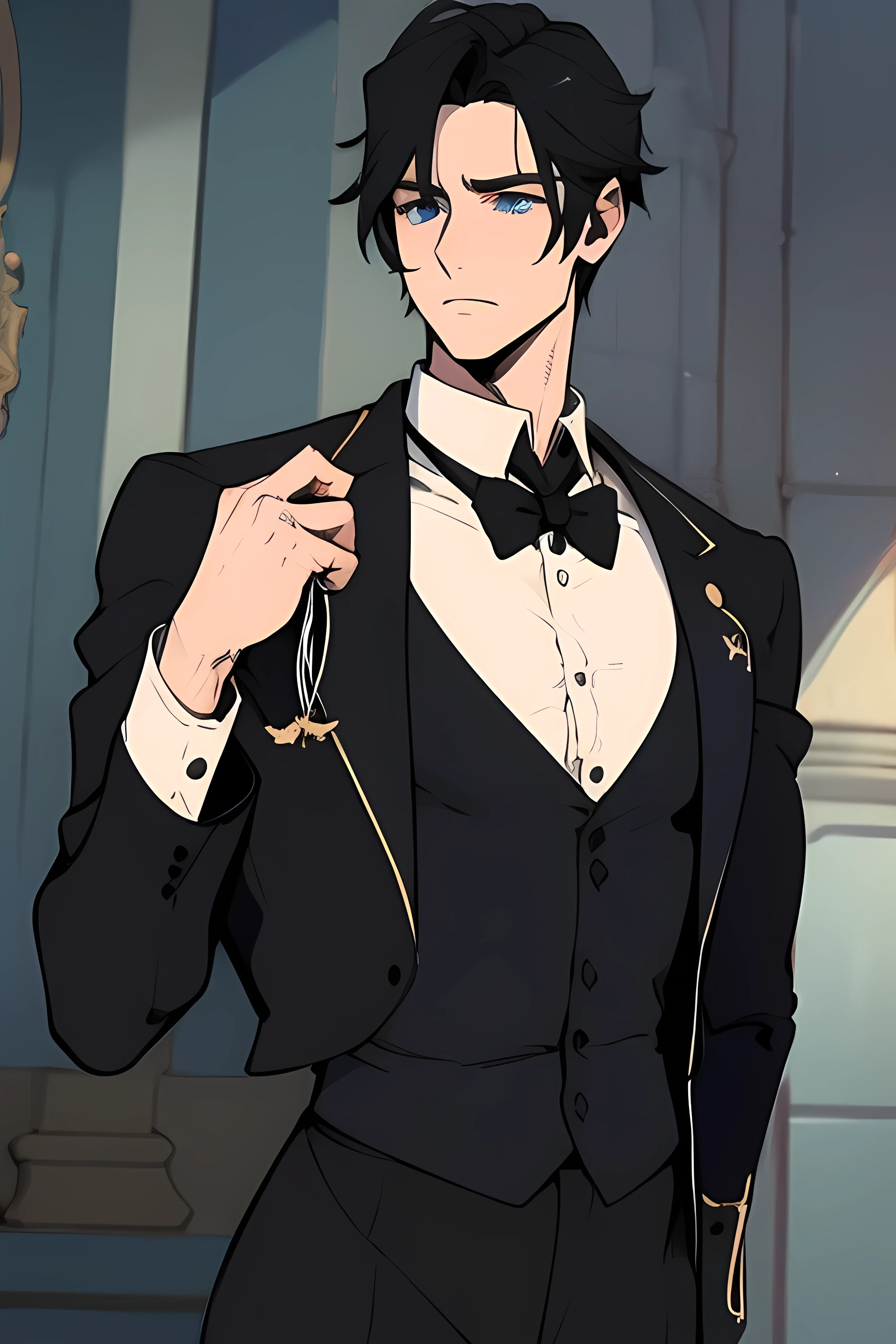 Chico, black hair, blue eyes, pale skin, black clothes, aristocrat suit, 1880s clothing,