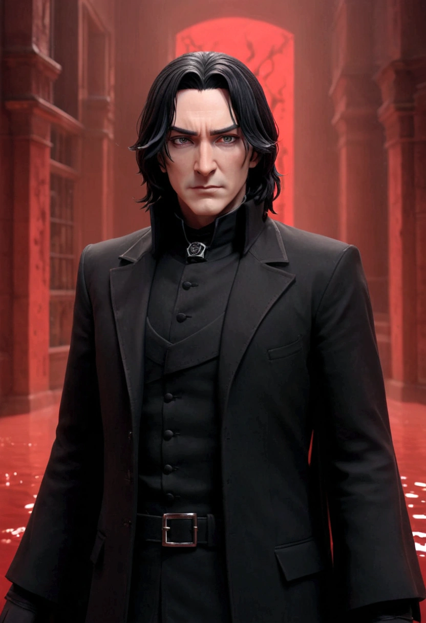 arafed image of a a severus snape standing in front of a red background, standing in a pool of blood, animated film still, rotoscoped, red smoke follows his movement, animation still screencap, emitting evil red aura, rotoscope, animated still, white hair floating in air, still from animated horror movie, videogame still, animation film still, he has dark black hairs, tall anime guy black eyes, it has a piercing gaze, anime handsome man, roguish smirk, name of the character is chad, dark haired, white-haired