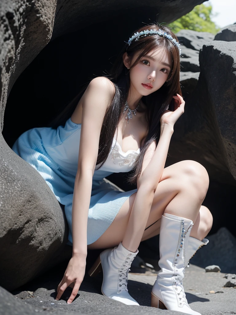 Beautiful woman wearing a white blue Wearing elegan style clothes mini dress with decorations on the shirt and visible shoulders and wearing boots and being photographed with a background And was in a cave filled with shiny and beautiful crystals ,Korean style swag, beautiful face so gorgeous, Beautiful eyes, y2k style, 