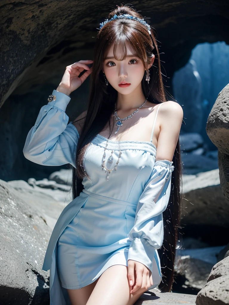 Beautiful woman wearing a white blue Wearing elegan style clothes mini dress with decorations on the shirt and visible shoulders and wearing boots and being photographed with a background And was in a cave filled with shiny and beautiful crystals ,Korean style swag, beautiful face so gorgeous, Beautiful eyes, y2k style, 