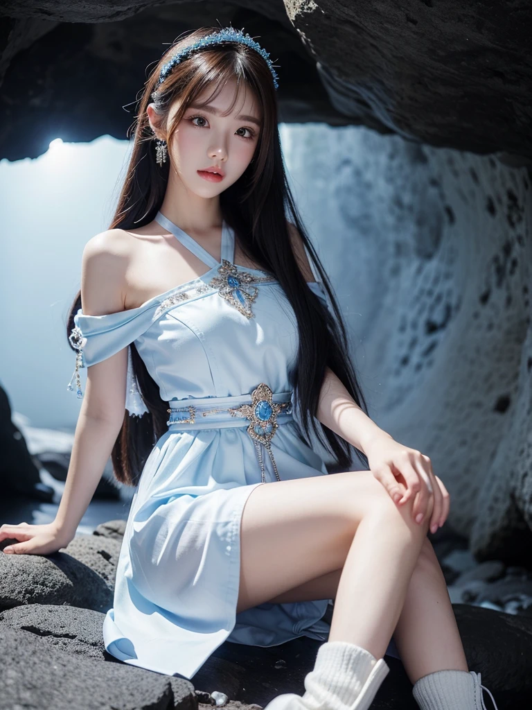 Beautiful woman wearing a white blue Wearing elegan style clothes mini dress with decorations on the shirt and visible shoulders and wearing boots and being photographed with a background And was in a cave filled with shiny and beautiful crystals ,Korean style swag, beautiful face so gorgeous, Beautiful eyes, y2k style,