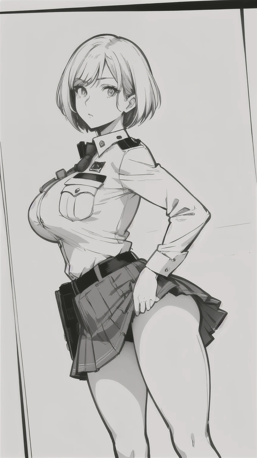 Please draw a policewoman in the style of Kaoru Hachigatsu。Whole body image。The camera angle makes me look up at the policewoman from below.。。I can see your pants。 shot。short hair。Adult women。Great style。Big Breasts。Tight skirt。