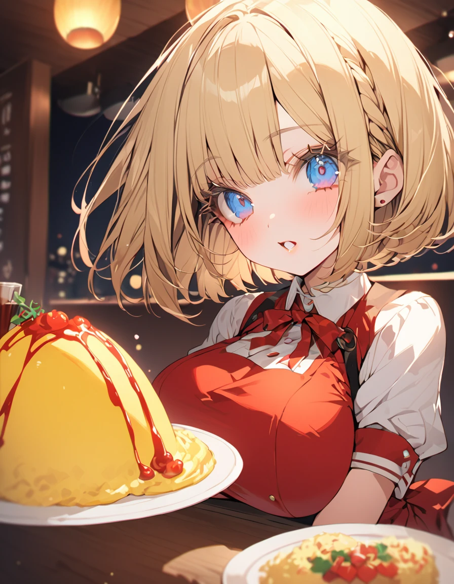 Eat omurice at a restaurant (Original uniform black), (Girl), (blonde:1.5）(eyelash:1.2) (Short Bob Hair:1.4), (blue eyes)(Big Breasts:1.3)
