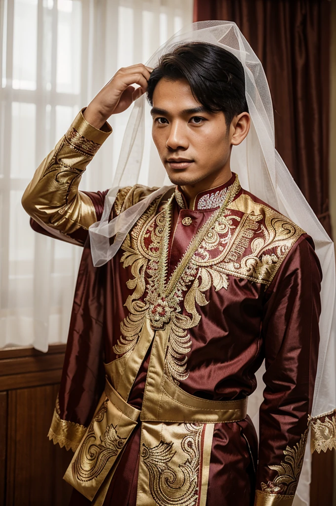 A 25 year old man, wearing traditional Indonesian pre-wedding clothes, seorang perempuan wearing traditional Indonesian pre-wedding clothes, veiled