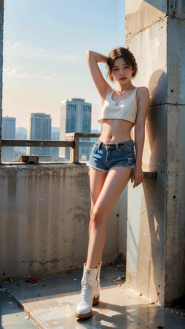 masterpiece,highest quality,High resolution,Full Body View,White jacket,Red innerwear,Belly button,Belted denim mini shorts,The heroine in white cowboy boots,Perfect Legs,Perfect Skin,Perfect Arms,Abdominal muscles,The background is an abandoned factory, short hair, naked portrait, nude photography, shiny nipple, show armpit 