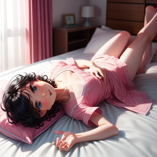 (8K、Hyper HD)On pink sheets、Transparent bottom、Spread your legs、short hair, Black Hair, Curly Hair、