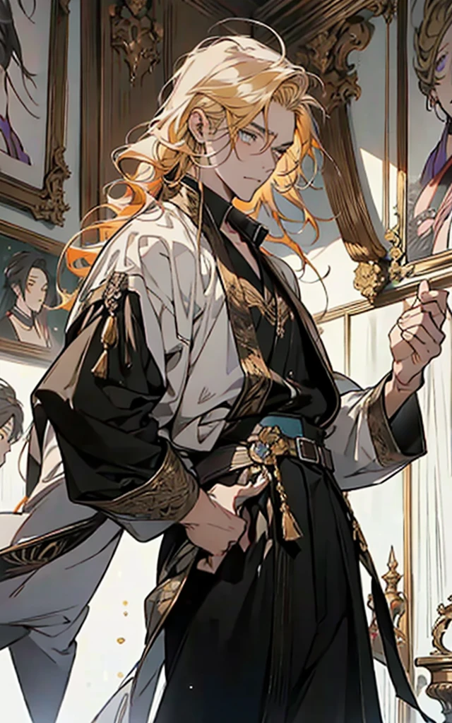 A man with short orange-yellow hair, messy hair ends, middle part long bangs, orange-yellow eyebrows, a furrowed brow, a focused gaze, a fantasy martial arts-style black-purple long robe with an openwork design revealing a plain undershirt, long sleeves, a satin sash belt, loose fabric trousers, he lifts his hand and bows his head in contemplation, set within a surreal room that melds fantasy and sci-fi elements, this character embodies a finely crafted fantasy martial arts-style feng shui master in anime style, exquisite and mature manga art style, high definition, best quality, highres, ultra-detailed, ultra-fine painting, extremely delicate, professional, perfect body proportions, golden ratio, anatomically correct, symmetrical face, extremely detailed eyes and face, high quality eyes, creativity, RAW photo, UHD, 32k, Natural light, cinematic lighting, masterpiece-anatomy-perfect, masterpiece:1.5