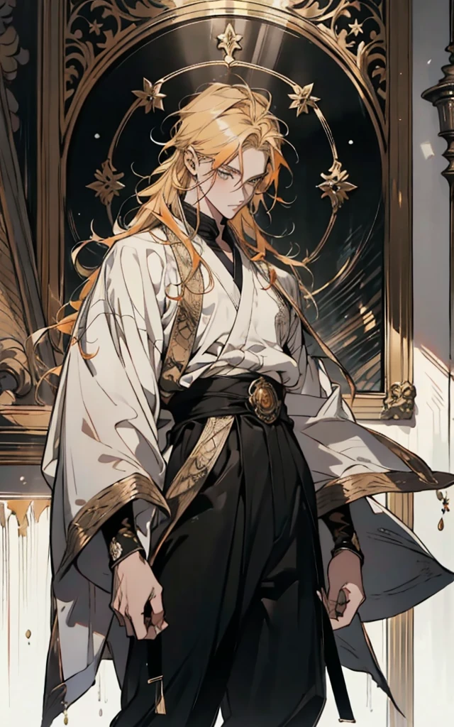 A man with short orange-yellow hair, messy hair ends, middle part long bangs, orange-yellow eyebrows, a furrowed brow, a focused gaze, a fantasy martial arts-style black-purple long robe with an openwork design revealing a plain undershirt, long sleeves, a satin sash belt, loose fabric trousers, he lifts his hand and bows his head in contemplation, set within a surreal room that melds fantasy and sci-fi elements, this character embodies a finely crafted fantasy martial arts-style feng shui master in anime style, exquisite and mature manga art style, high definition, best quality, highres, ultra-detailed, ultra-fine painting, extremely delicate, professional, perfect body proportions, golden ratio, anatomically correct, symmetrical face, extremely detailed eyes and face, high quality eyes, creativity, RAW photo, UHD, 32k, Natural light, cinematic lighting, masterpiece-anatomy-perfect, masterpiece:1.5