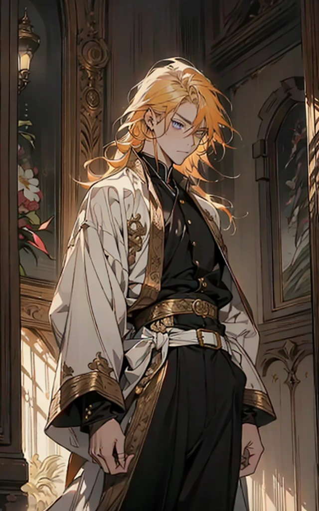 A man with short orange-yellow hair, messy hair ends, middle part long bangs, orange-yellow eyebrows, a furrowed brow, a focused gaze, a fantasy martial arts-style black-purple long robe with an openwork design revealing a plain undershirt, long sleeves, a satin sash belt, loose fabric trousers, he lifts his hand and bows his head in contemplation, set within a surreal room that melds fantasy and sci-fi elements, this character embodies a finely crafted fantasy martial arts-style feng shui master in anime style, exquisite and mature manga art style, high definition, best quality, highres, ultra-detailed, ultra-fine painting, extremely delicate, professional, perfect body proportions, golden ratio, anatomically correct, symmetrical face, extremely detailed eyes and face, high quality eyes, creativity, RAW photo, UHD, 32k, Natural light, cinematic lighting, masterpiece-anatomy-perfect, masterpiece:1.5