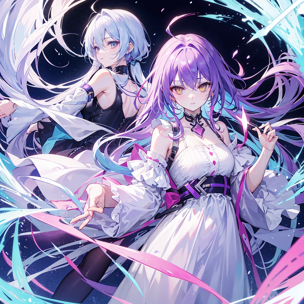 create me a male character with long purple hair yellow eyes especially next to a female character with light blue hair blind white dress with pink