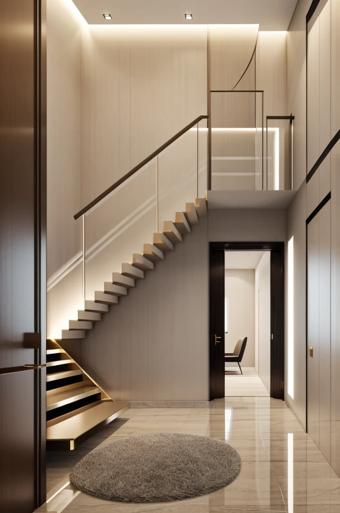 Luxurious elevator in a modern room with simple aesthetic design on both sides with an arc staircase going up in the middle is the elevator