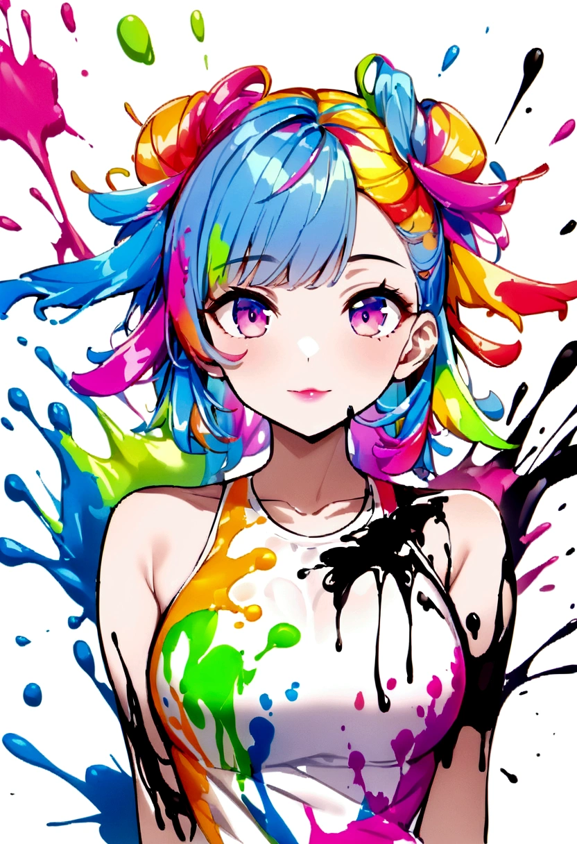 (masterpiece, Highest quality, High resolution), White Background, ((Paint splashes, Color Splash, Ink splash, Color Splash)), Kind Chinese girl, Rainbow Hair, Pink Lips, front, Upper Body