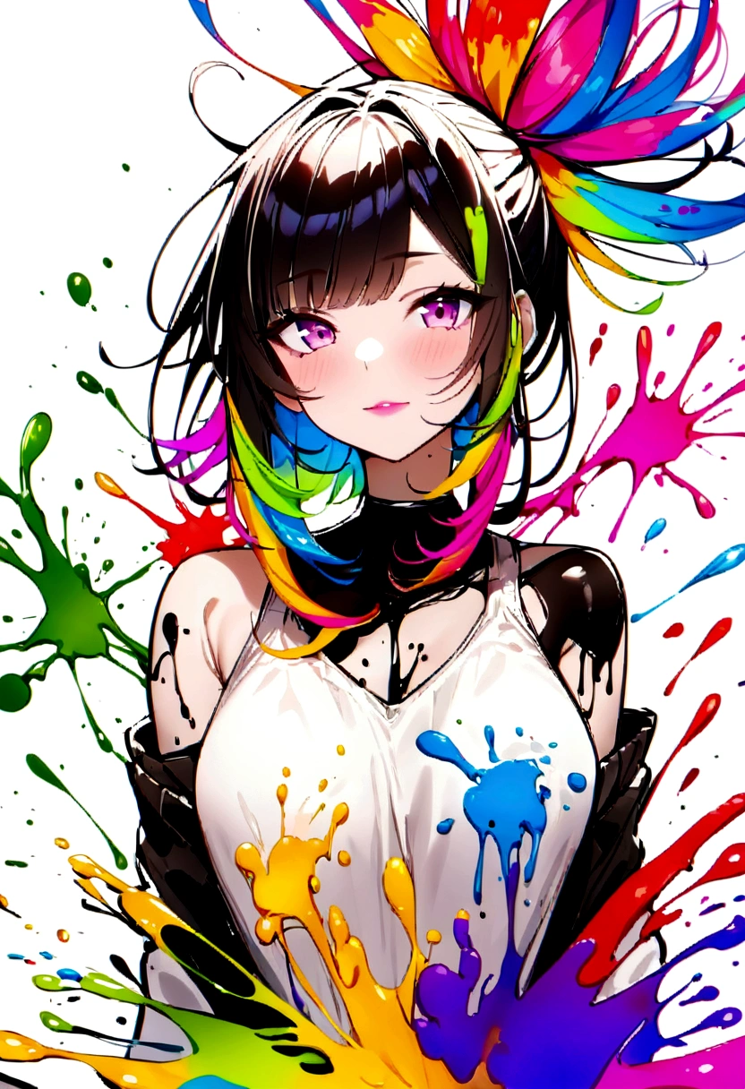 (masterpiece, Highest quality, High resolution), White Background, ((Paint splashes, Color Splash, Ink splash, Color Splash)), Kind Chinese girl, Rainbow Hair, Pink Lips, front, Upper Body