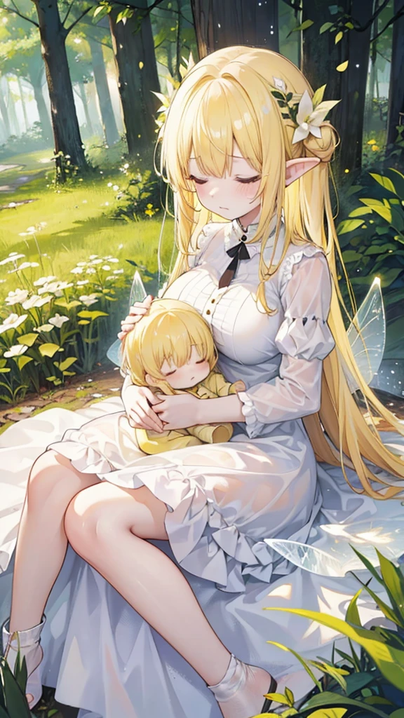 Showing the whole body, Yellow hair, Cute, Baby face, Big breasts, Sleeping, In the forest, White dress, Long hair, Sleeping, 1 person, Small, Fairy wings