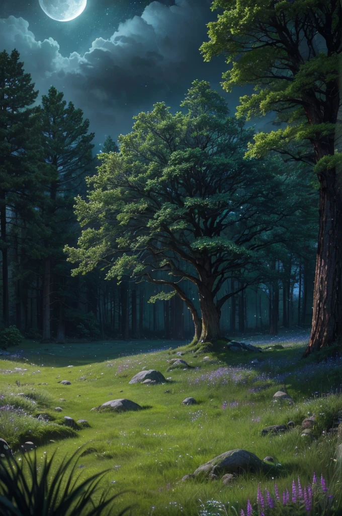 a comforting moonlit meadow in a lush forest at night, dark colors, peaceful atmosphere, moonlight, night sky, stars, ancient trees, mossy rocks, long grass, wildflowers, (best quality,4k,8k,highres,masterpiece:1.2),ultra-detailed,(realistic,photorealistic,photo-realistic:1.37),landscape,fantasy,dramatic lighting,moody,cinematic
