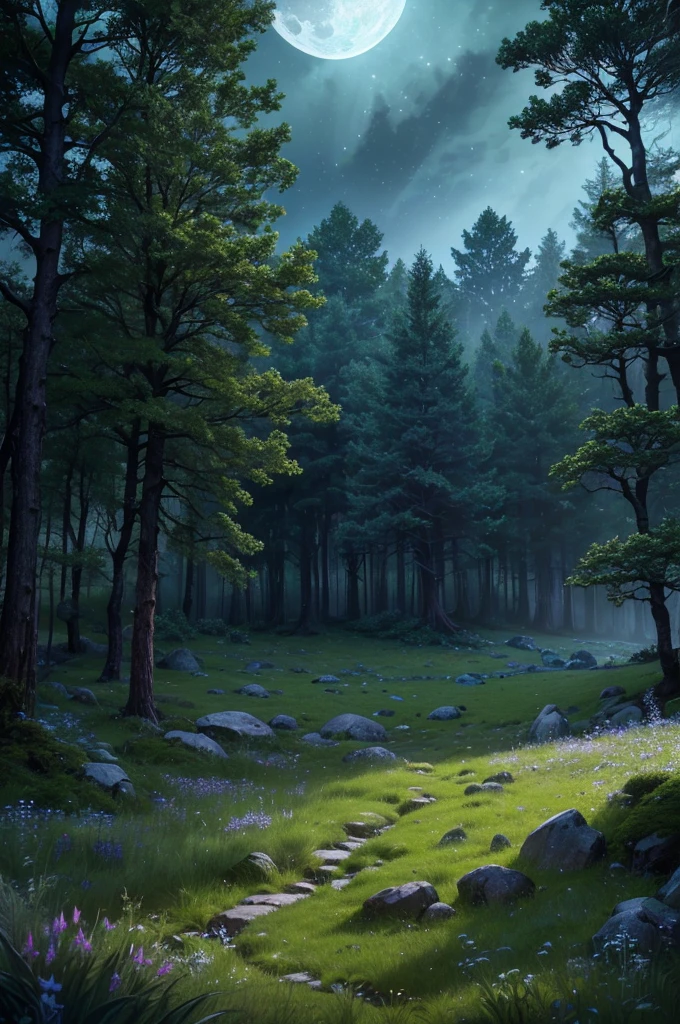 a comforting moonlit meadow in a lush forest at night, dark colors, peaceful atmosphere, moonlight, night sky, stars, ancient trees, mossy rocks, long grass, wildflowers, (best quality,4k,8k,highres,masterpiece:1.2),ultra-detailed,(realistic,photorealistic,photo-realistic:1.37),landscape,fantasy,dramatic lighting,moody,cinematic