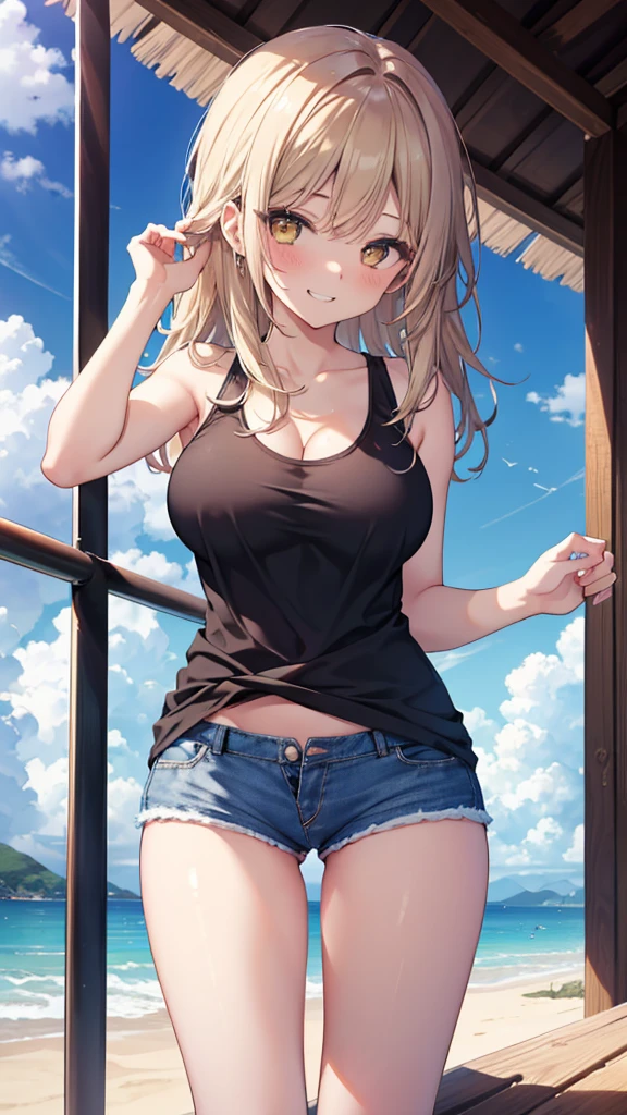 (8K、Highest quality、Highest quality、masterpiece)、Detailed face、One Girl、(Brown Skin:1.2)、White Long Hair、Yellow Eyes、Grin、(Black tank top、Denim hot shorts、Mini Shorts、Pussy Peek、frontal wedgie、wedgie、Spread vagina under shorts)、labia view、Beach、cloud、vagina、Spread Vagina、spread pussy、Big Breasts、20 year old girl、girl in her 20s