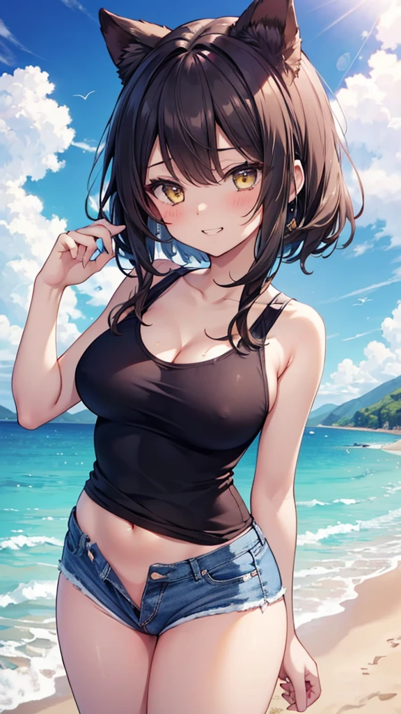 (8K、Highest quality、Highest quality、masterpiece)、Detailed face、One Girl、(Brown Skin:1.2)、White Long Hair、Yellow Eyes、Grin、(Black tank top、Denim hot shorts、Mini Shorts、 Peek、、wedgie、Spread  under shorts)、 view、Beach、cloud、、Spread 、spread 、Big Breasts、20 year old girl、girl in her 20s
