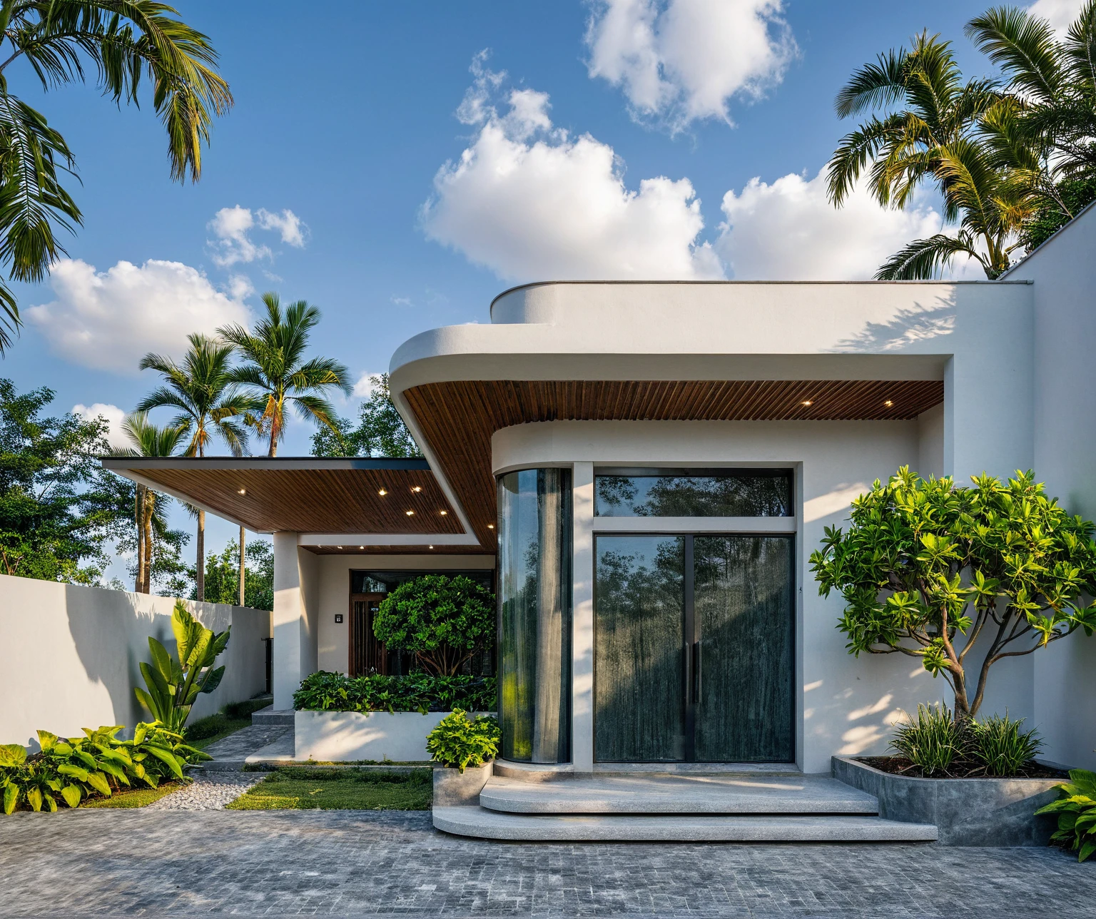 Masterpiece, high quality, best quality, authentic, super detail, outdoors, onestoreyvillaXL, aiaigroup, house style modern on the street ,stairs, white wall ,road,pavement, grass, trees, sky, cloud, (daylight:1.1),((pool front of villa))
