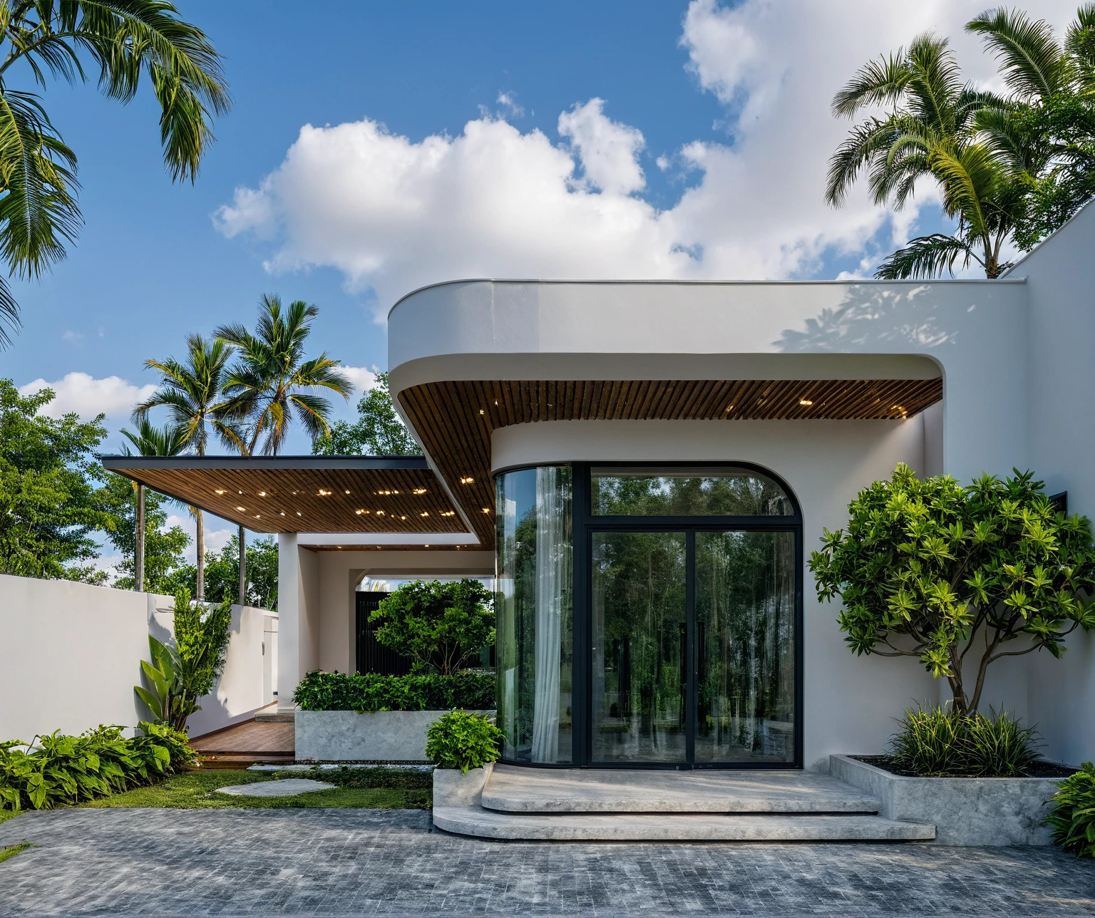 Masterpiece, high quality, best quality, authentic, super detail, outdoors, onestoreyvillaXL, aiaigroup, house style modern on the street ,stairs, white wall ,road,pavement, grass, trees, sky, cloud, (daylight:1.1),((pool front of villa))