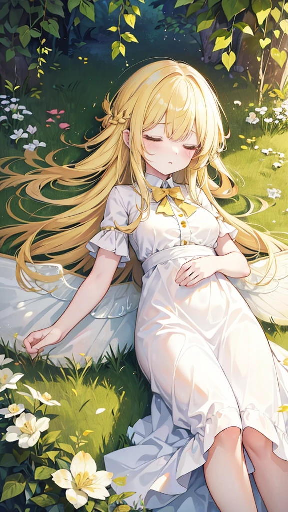 Showing the whole body, Yellow hair, Cute, Baby face, Big breasts, Sleeping, In the forest, White dress, Long hair, Sleeping, 1 person, Small, Fairy wings