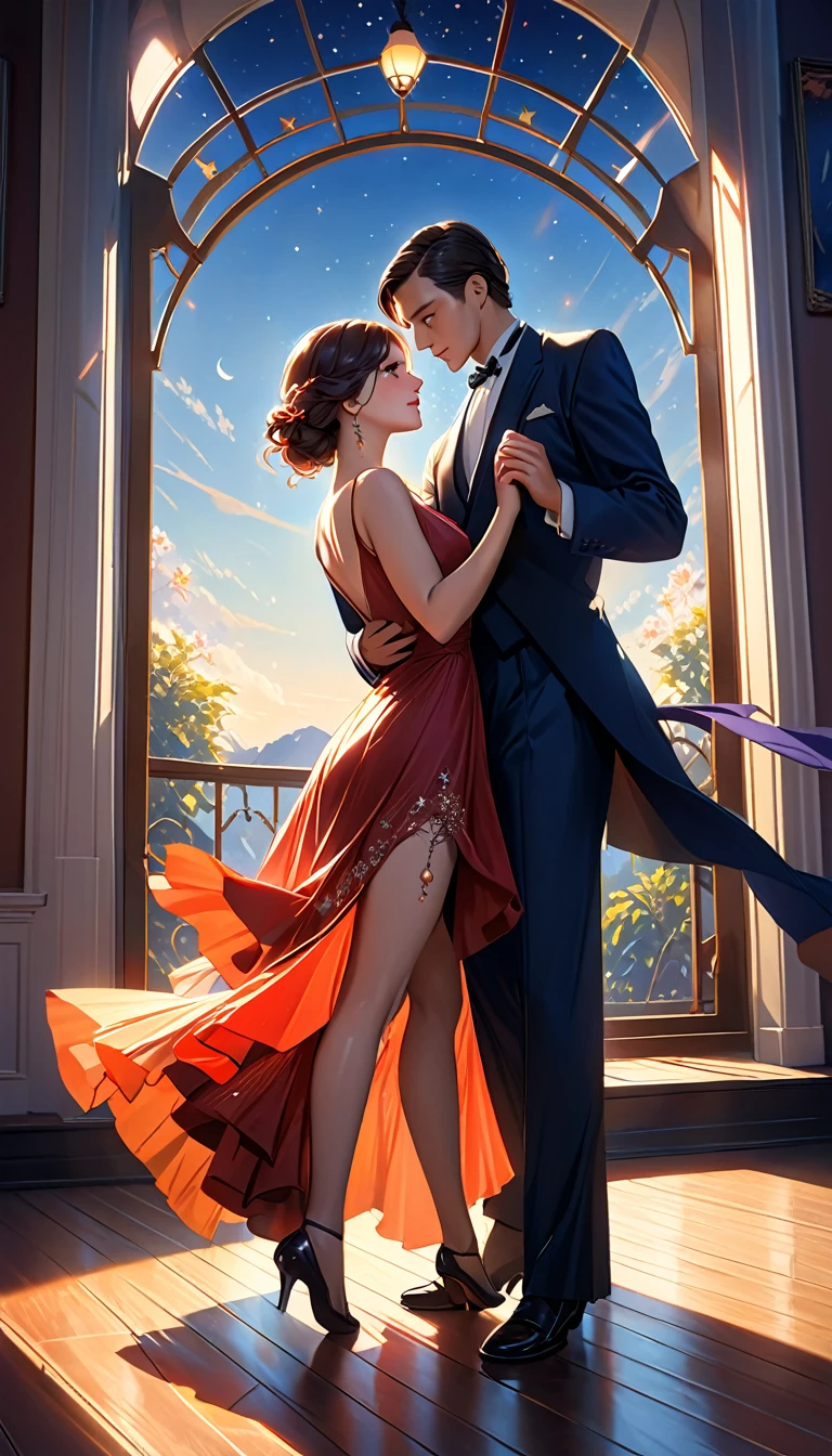 (best quality,8k,masterpiece:1.2),ultra-detailed,(realistic,photorealistic,photo-realistic:1.37),digital art, concept art, natural lighting, a man and woman dancing tango, art deco ballroom, 1920s, Outside the window is a balcony. a narrow french window with an arched top leads out to the balcony.,man facing forward, woman facing away from viewer, dancing the tango, woman is wearing a purple long dress with slit, she has her right leg out to the side, (exposing her thigh:1.7)., Outside is dark, small stars are shining in (the dark blue sky:1.5), (dimly lit room:1.3), and shadows are cast on the eye sockets, making it impossible to read their expressions, detailed facial features, beautiful dress, formal attire, natural lighting, warm color palette, 