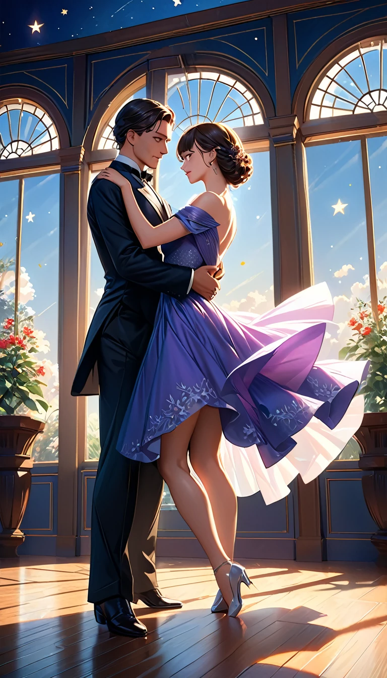 (best quality,8k,masterpiece:1.2),ultra-detailed,(realistic,photorealistic,photo-realistic:1.37),digital art, concept art, natural lighting, a man and woman dancing tango, art deco ballroom, 1920s, Outside the window is a balcony. a narrow french window with an arched top leads out to the balcony.,man facing forward, woman facing away from viewer, dancing the tango, woman is wearing a purple long dress with slit, she has her right leg out to the side, (exposing her thigh:1.7)., Outside is dark, small stars are shining in (the dark blue sky:1.5), (dimly lit room:1.3), and shadows are cast on the eye sockets, making it impossible to read their expressions, detailed facial features, beautiful dress, formal attire, natural lighting, warm color palette,