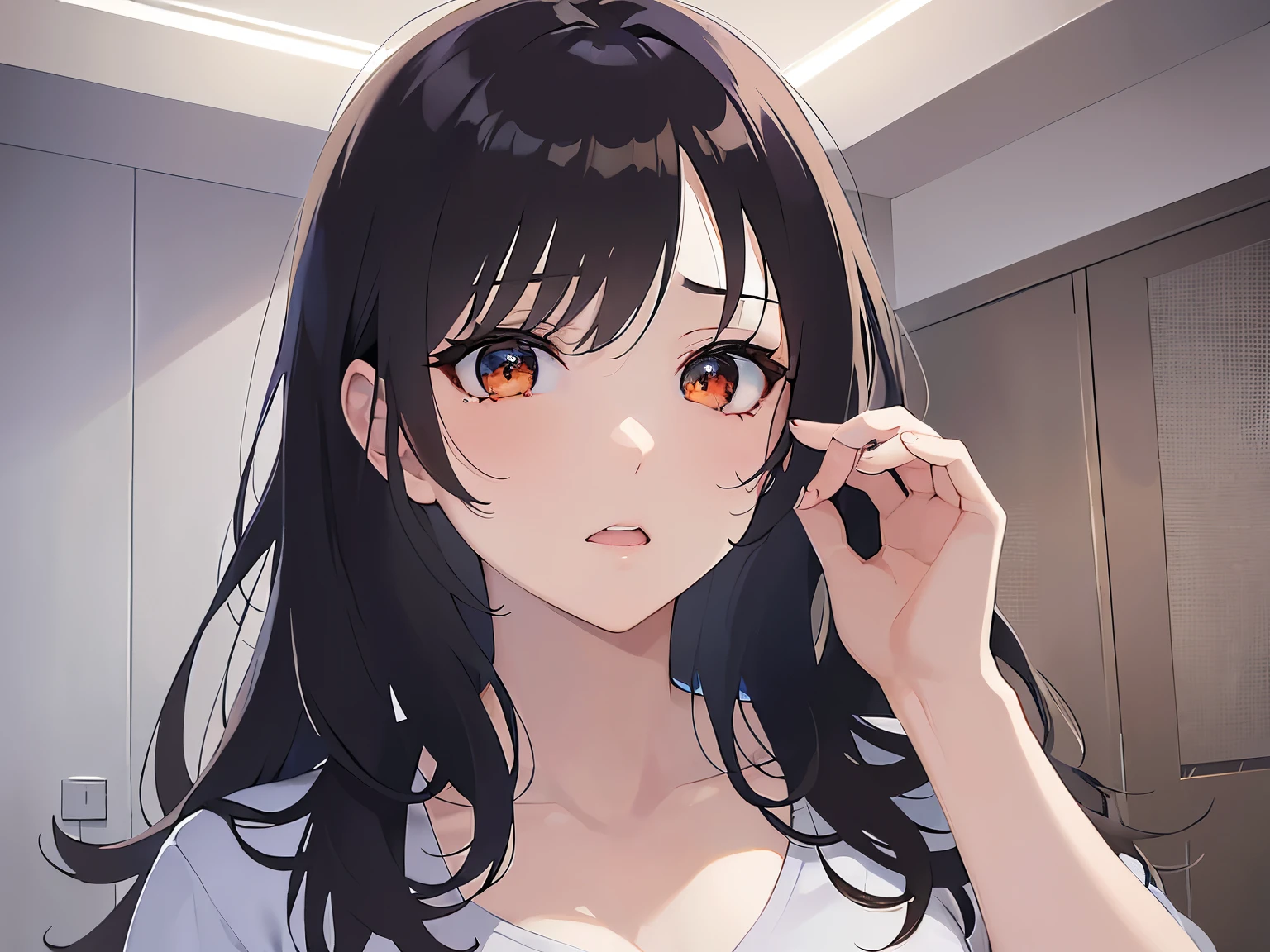 (Placing hand on face:1.3), Biologically correct five fingers、Realistic, real person, (pale skin: 1.2), upper body, RAW photo, photorealistic, shiny skin, shiny hair、(A 25-year-old woman with medium-length hair and bangs) and (wavy hair) and (brown hair) and (Orange Eyes) , (White T-shirt) 、(sad:1.5), tears, open mouth, The background is a hospital room.、Alone、Are standing