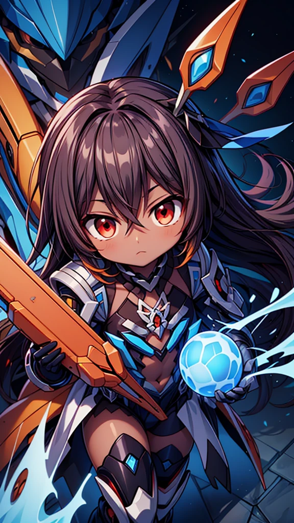 (((dark skin tone))),dark skin male, femboy, dark skin, cute shota,red eyes, ((blue mecha hairpin)), dark brown hair medium hair,wearing a black exoskeleton, blue gauntlet's, honkai impact herrscher of reason, full armour mecha_musame, orange gem on chest, fullbody close-up 